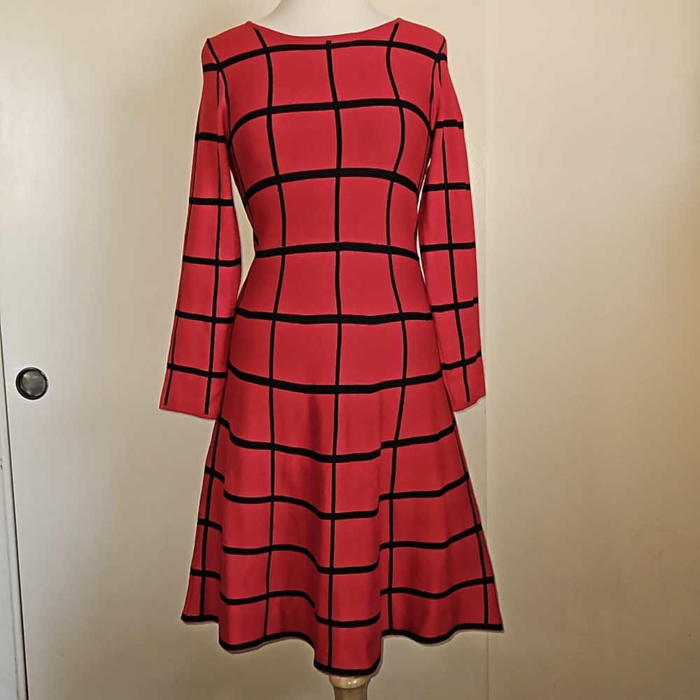 Luxxe Lane Red Plaid Sweater Dress Long Sleeves Fit&Flare Size Medium